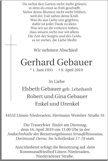 Traueranzeige von Gerhard Gebauer von Lüner Anzeiger