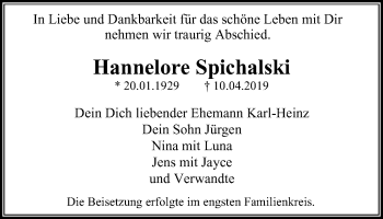Traueranzeige von Hannelore Spichalski von Stadtspiegel Bochum