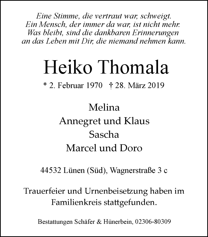 Traueranzeige für Heiko Thomala vom 13.04.2019 aus Lüner Anzeiger