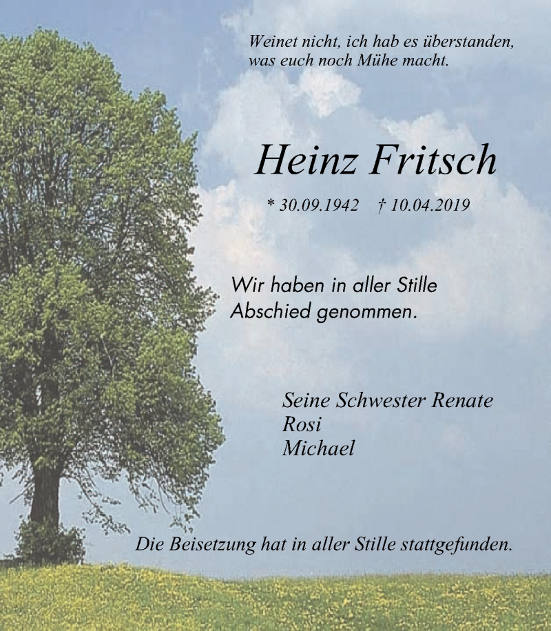  Traueranzeige für Heinz Fritsch vom 17.04.2019 aus Stadtspiegel Bochum + Wattenscheid