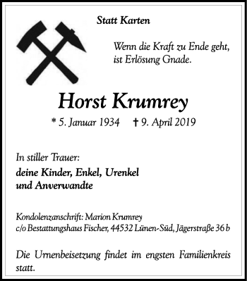 Traueranzeige von Horst Krumrey von Lüner Anzeiger