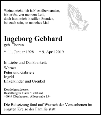 Traueranzeige von Ingeborg Gebhard von Wochen-Anzeiger Oberhausen