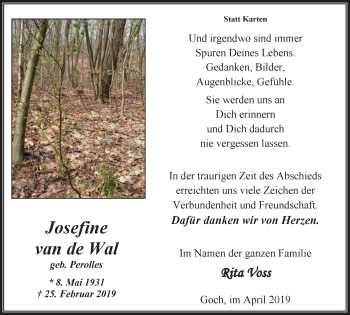 Traueranzeige von Josefine van de Wal von Gocher Wochenblatt