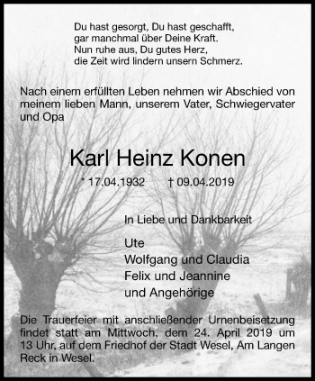 Traueranzeige von Karl Heinz Konen von Der Weseler + Der Xantener
