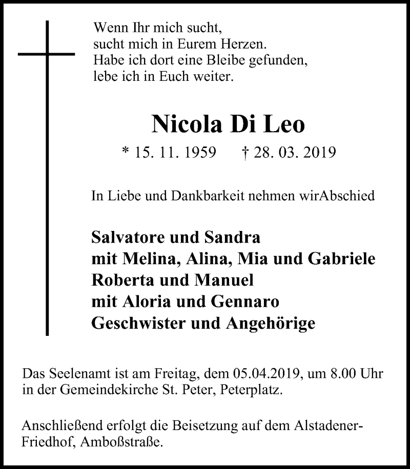  Traueranzeige für Nicola Di Leo vom 03.04.2019 aus Wochen-Anzeiger Oberhausen