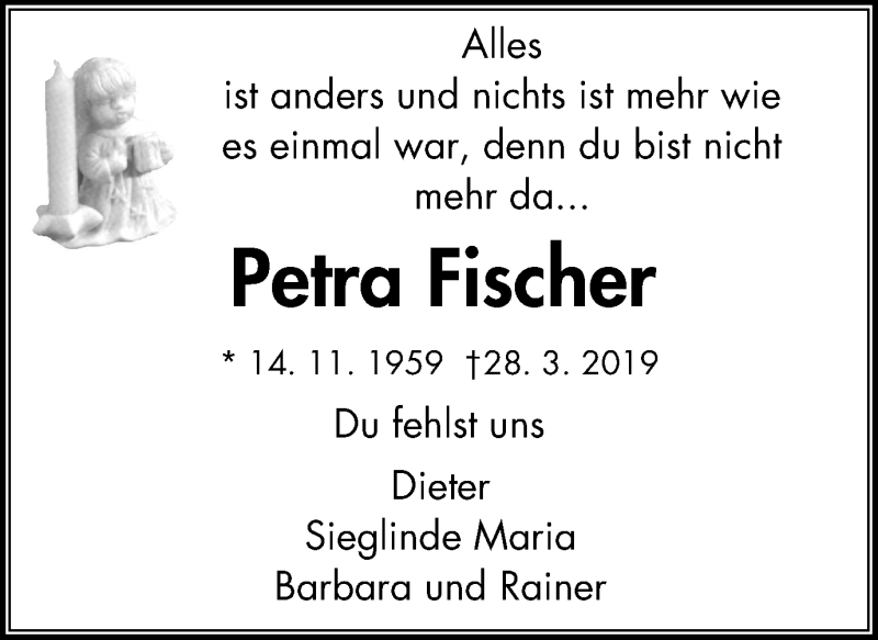  Traueranzeige für Petra Fischer vom 03.04.2019 aus Mülheimer Woche