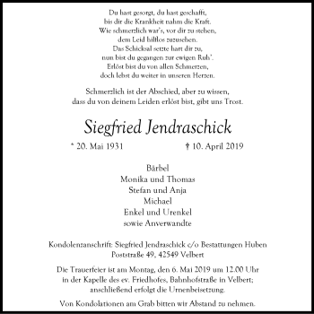 Traueranzeige von Siegfried Jendraschick von Stadtanzeiger Velbert + Heiligenhaus