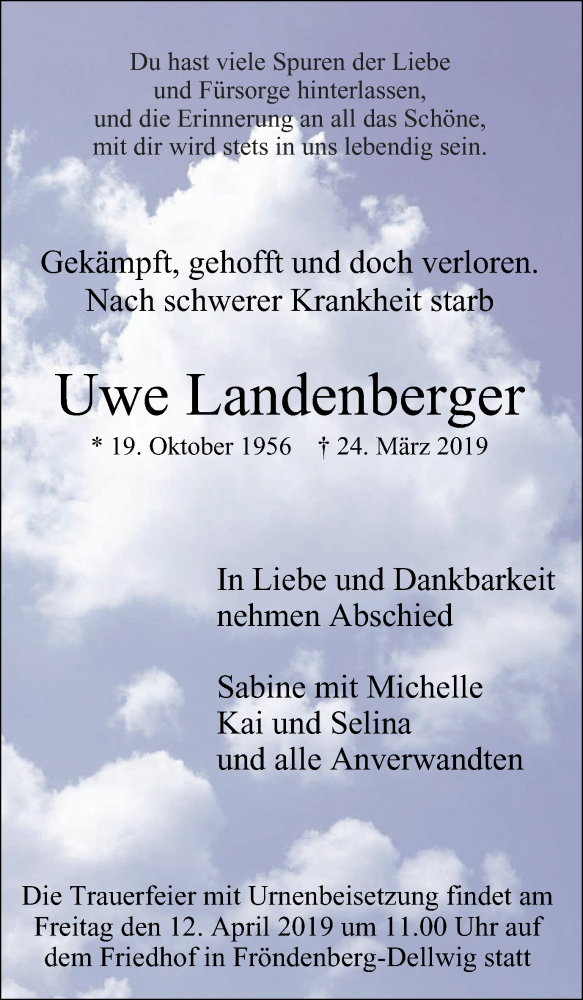  Traueranzeige für Uwe Landenberger vom 06.04.2019 aus Stadtspiegel Menden + Froendenberg