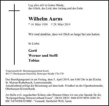 Traueranzeige von Wilhelm Aarns von Wochen-Anzeiger Oberhausen