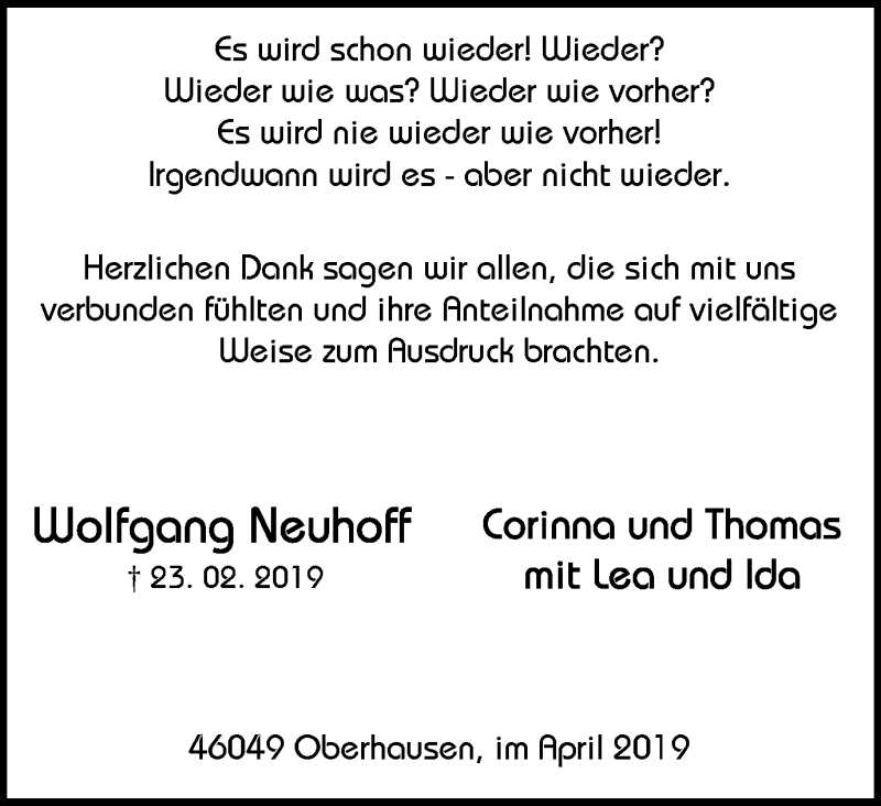  Traueranzeige für Wolfgang Neuhoff vom 06.04.2019 aus Wochen-Anzeiger Oberhausen