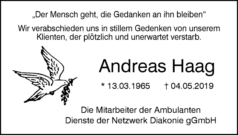  Traueranzeige für Andreas Haag vom 18.05.2019 aus Stadtspiegel Iserlohn + Hemer