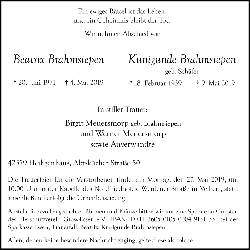  Traueranzeige für Beatrix und Kunigunde Brahmsiepen vom 18.05.2019 aus Werden Kurier