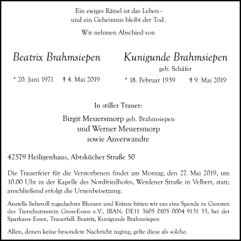 Traueranzeige von Beatrix und Kunigunde Brahmsiepen von Werden Kurier