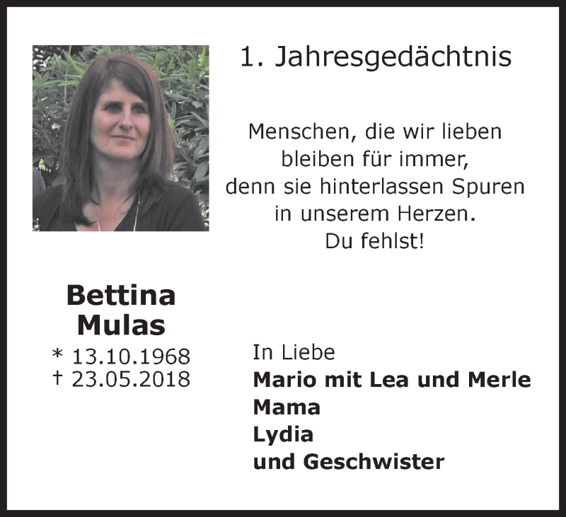  Traueranzeige für Bettina Mulas vom 25.05.2019 aus Stadtspiegel Bottrop