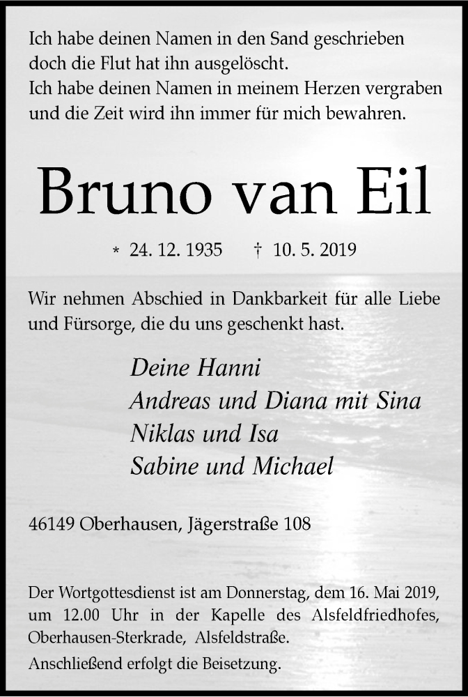  Traueranzeige für Bruno van Eil vom 15.05.2019 aus Wochen-Anzeiger Oberhausen