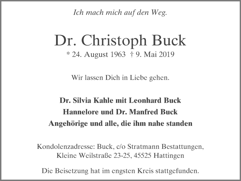  Traueranzeige für Christoph Buck vom 25.05.2019 aus Stadtspiegel Bochum
