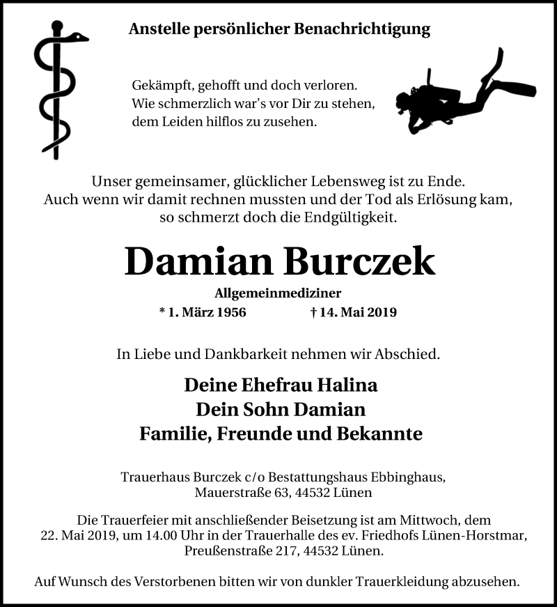  Traueranzeige für Damian Burczek vom 18.05.2019 aus Lüner Anzeiger