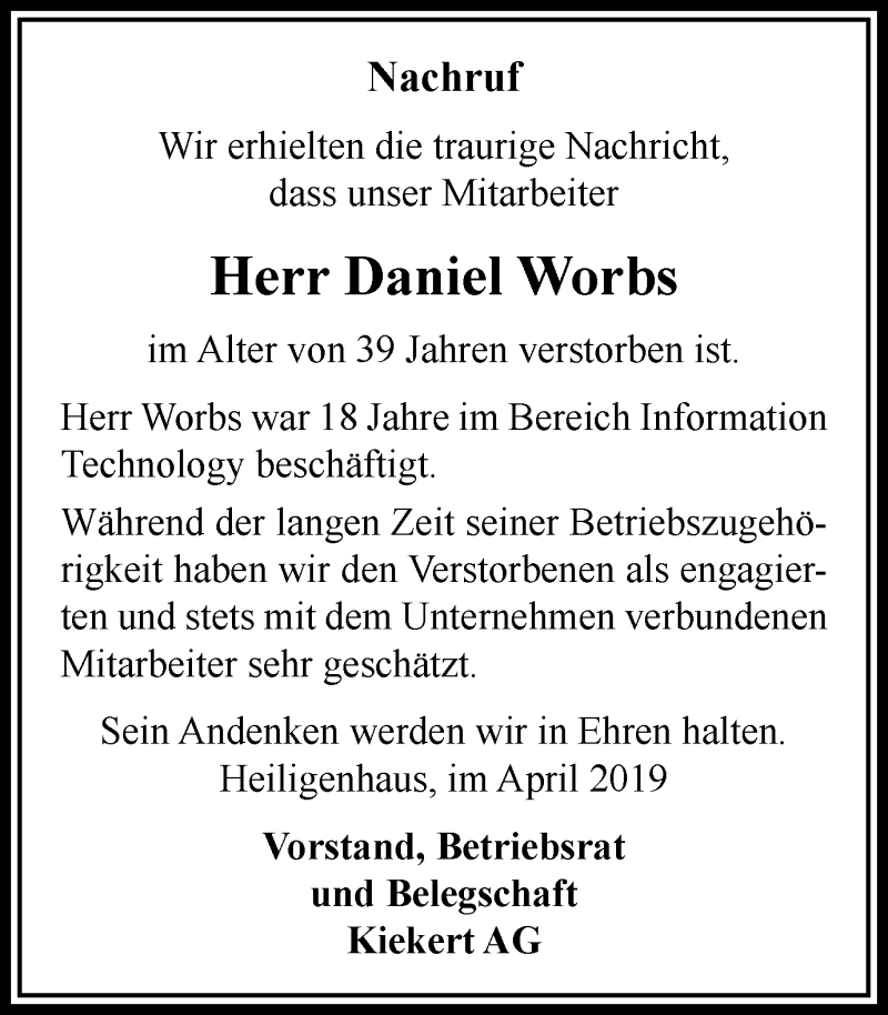  Traueranzeige für Daniel Worbs vom 04.05.2019 aus Stadtanzeiger Velbert + Heiligenhaus