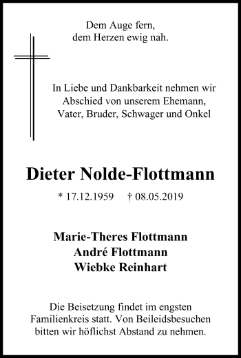 Traueranzeige von Dieter Nolde-Flottmann von Stadtspiegel Menden + Froendenberg
