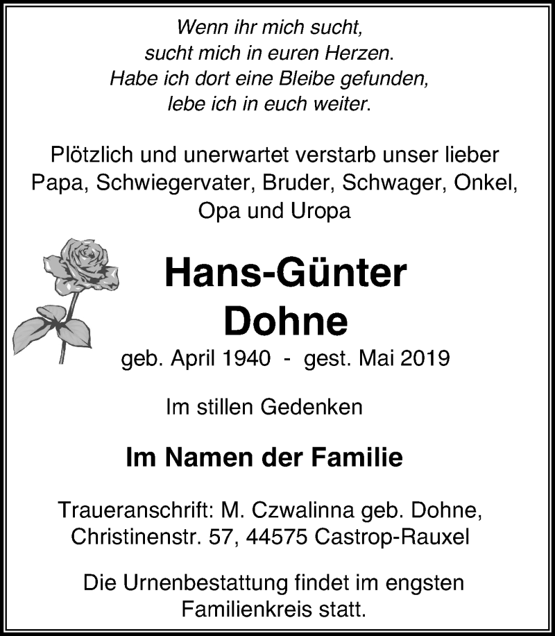  Traueranzeige für Hans-Günter Dohne vom 18.05.2019 aus Stadtanz.Castrop-Rauxel