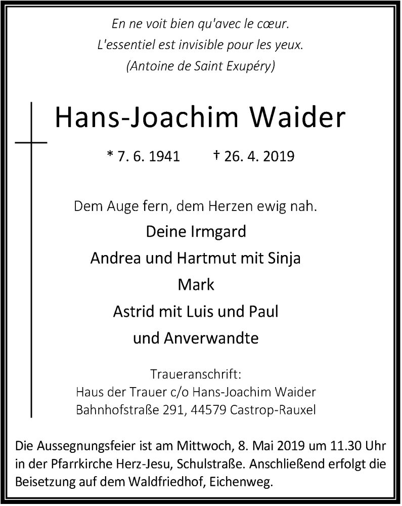  Traueranzeige für Hans-Joachim Waider vom 04.05.2019 aus Stadtanz.Castrop-Rauxel