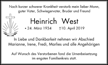 Traueranzeige von Heinrich West von Stadtspiegel Gelsenkirchen