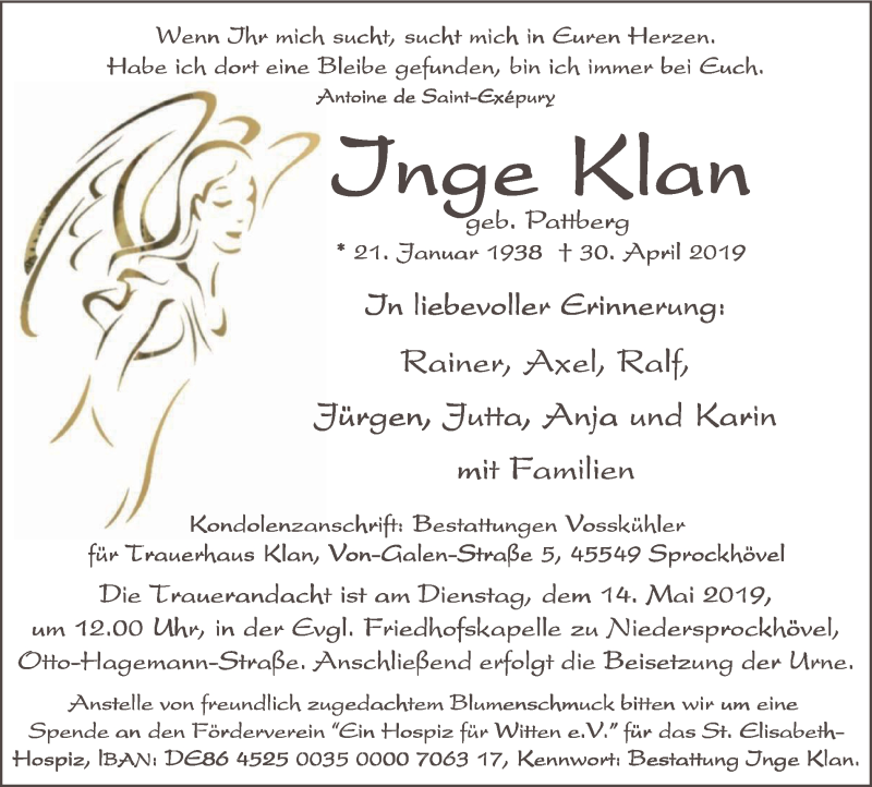  Traueranzeige für Inge Klan vom 11.05.2019 aus Stadtspiegel Hattingen/Niedersprockhövel