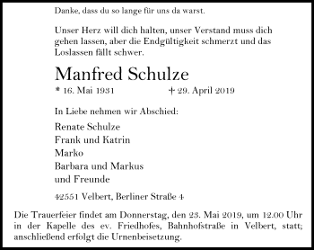 Traueranzeige von Manfred Schulze von Stadtanzeiger Velbert + Heiligenhaus