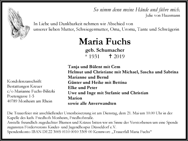  Traueranzeige für Maria Fuchs vom 18.05.2019 aus Wochen-Anzeiger Langenfeld/Monheim/Hilden