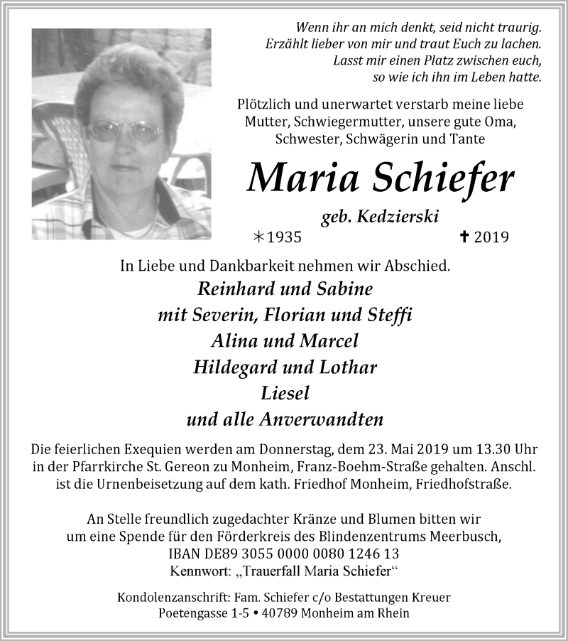  Traueranzeige für Maria Schiefer vom 18.05.2019 aus Wochen-Anzeiger Langenfeld/Monheim/Hilden