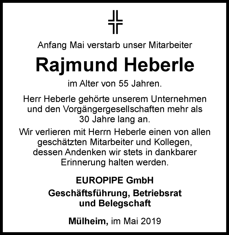 Traueranzeige für Rajmund Heberle vom 22.05.2019 aus Mülheimer Woche