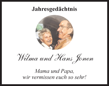 Traueranzeige von Wilma und Hans Jonen von WVW/ORA