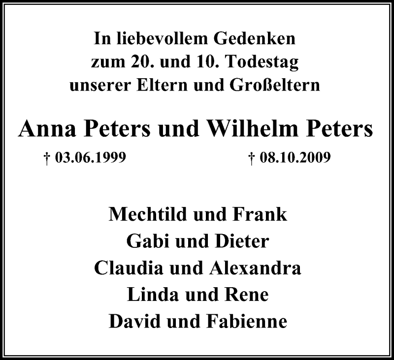  Traueranzeige für Anna und Wilhelm Peters vom 01.06.2019 aus Gocher Wochenblatt