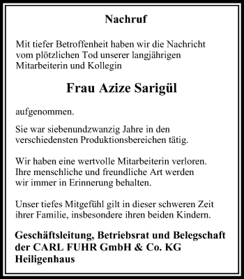 Traueranzeige von Azize Sarigül von Stadtanzeiger Velbert + Heiligenhaus