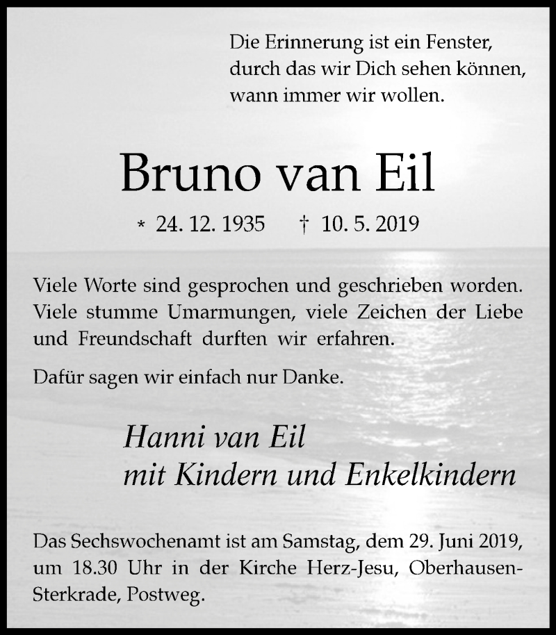  Traueranzeige für Bruno van Eil vom 26.06.2019 aus Wochen-Anzeiger Oberhausen
