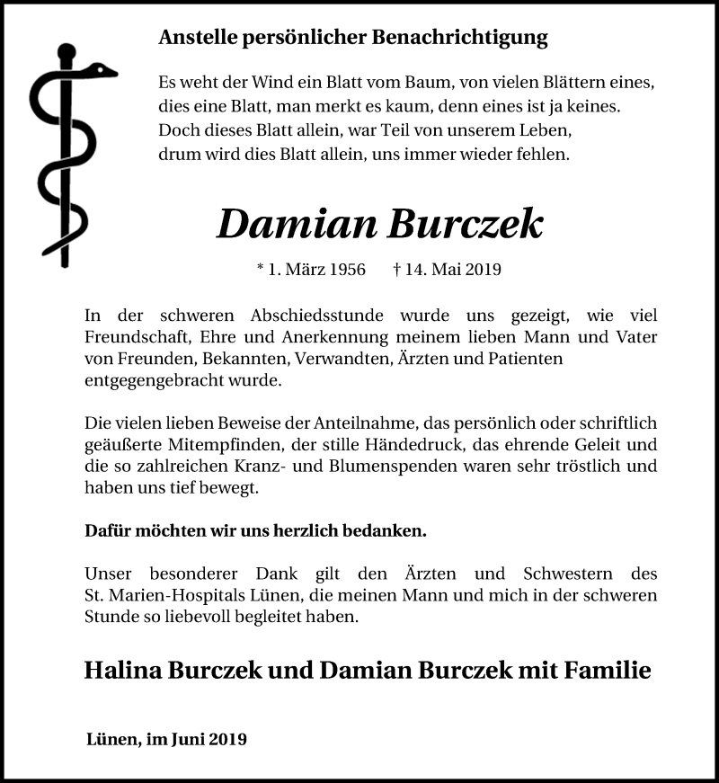  Traueranzeige für Damian Burczek vom 08.06.2019 aus Lüner Anzeiger