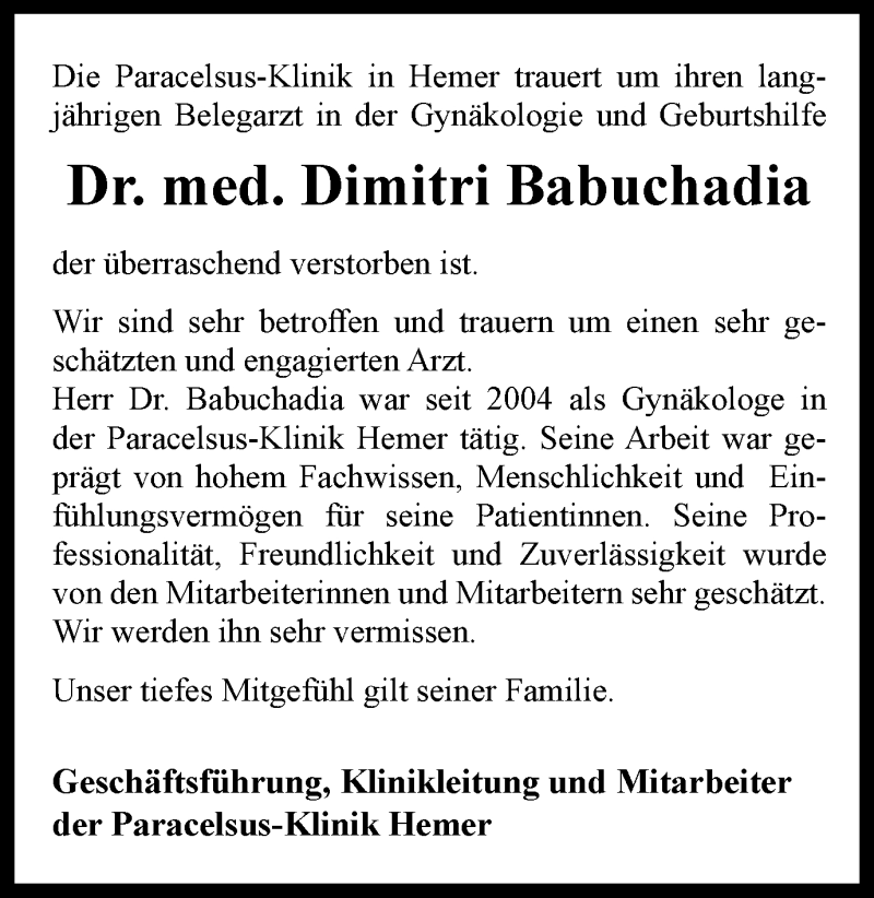 Traueranzeige für Dimitri Babuchadia vom 15.06.2019 aus Stadtspiegel Iserlohn + Hemer