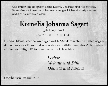 Traueranzeige von Kornelia Johanna Sagert von Wochen-Anzeiger Oberhausen