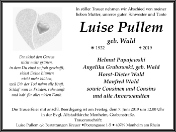 Traueranzeige von Luise Pullem von Wochen-Anzeiger Langenfeld/Monheim/Hilden