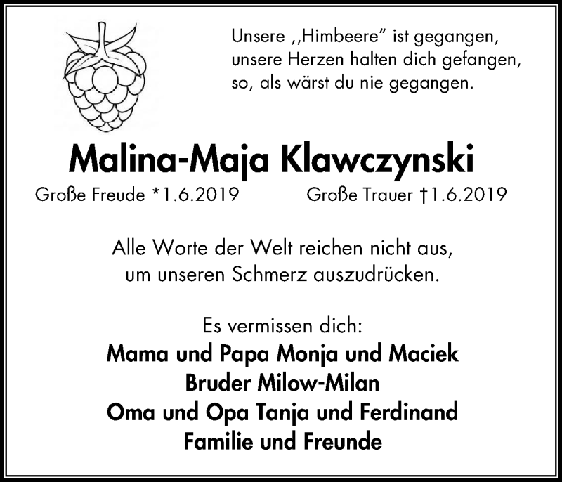  Traueranzeige für Malina-Maja Klawczynski vom 08.06.2019 aus Stadtanzeiger Emmerich/Rees/Isselburg