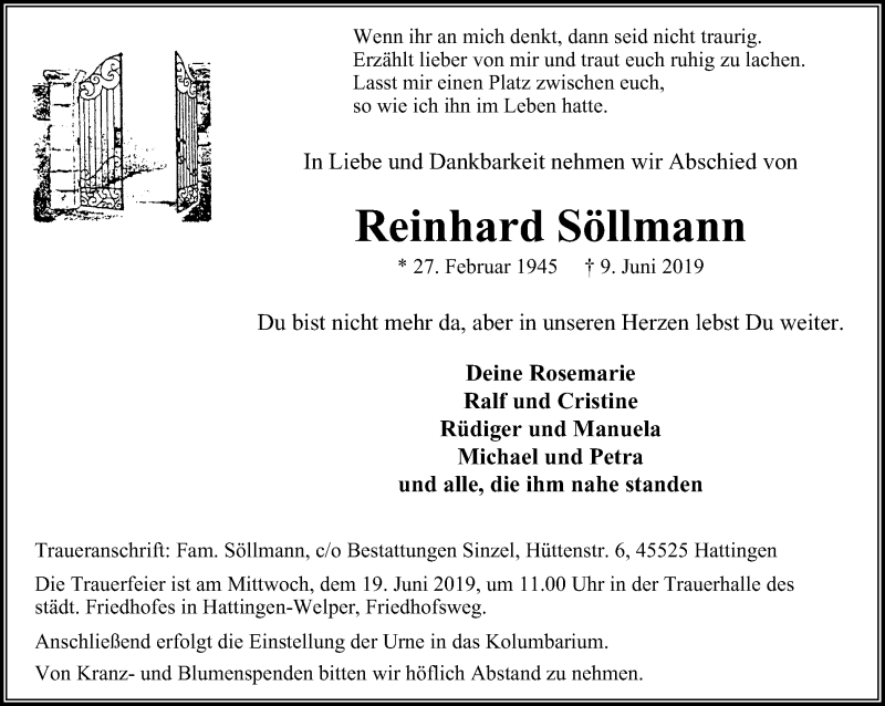  Traueranzeige für Reinhard Söllmann vom 15.06.2019 aus Stadtspiegel Hattingen/Niedersprockhövel