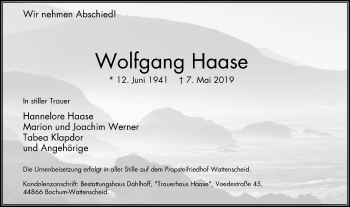 Traueranzeige von Wolfgang Haase von Stadtspiegel Bochum + Wattenscheid