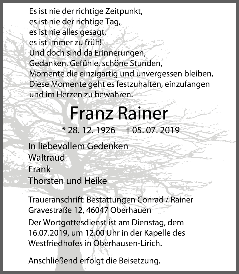  Traueranzeige für Franz Rainer vom 10.07.2019 aus Wochen-Anzeiger Oberhausen