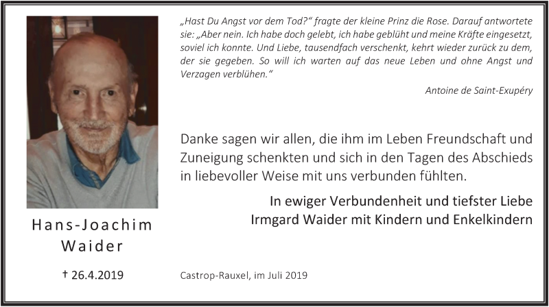  Traueranzeige für Hans-Joachim Waider vom 06.07.2019 aus Stadtanz.Castrop-Rauxel
