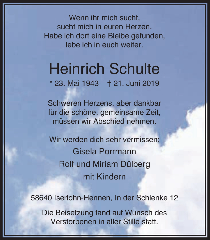  Traueranzeige für Heinrich Schulte vom 06.07.2019 aus Stadtspiegel Iserlohn + Hemer