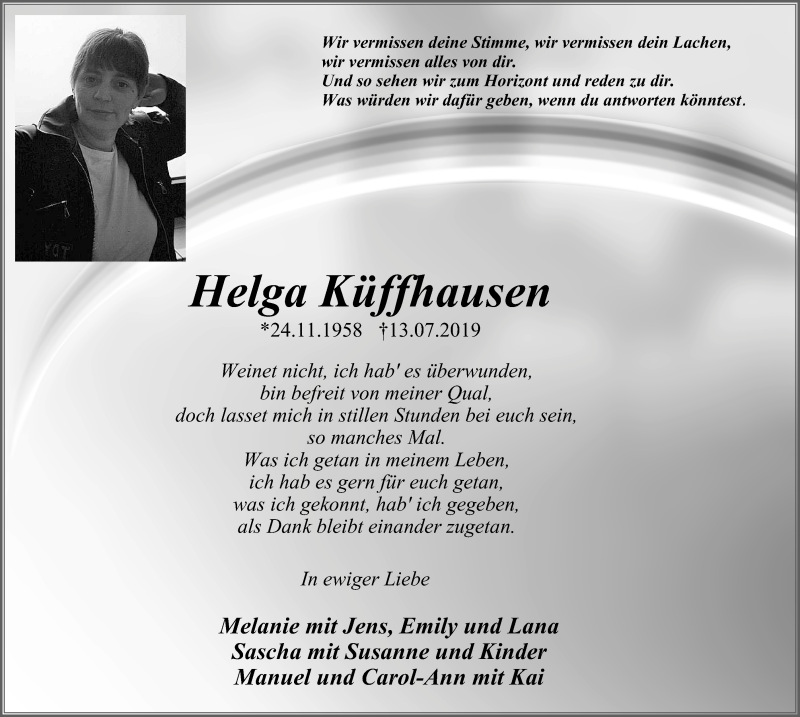  Traueranzeige für Helga Küffhausen vom 17.07.2019 aus Stadtanz.Castrop-Rauxel
