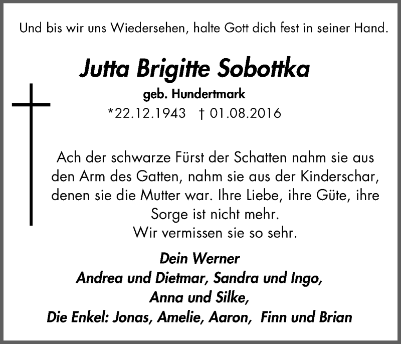  Traueranzeige für Jutta Brigitte Sobottka vom 31.07.2019 aus Stadtanz.Castrop-Rauxel