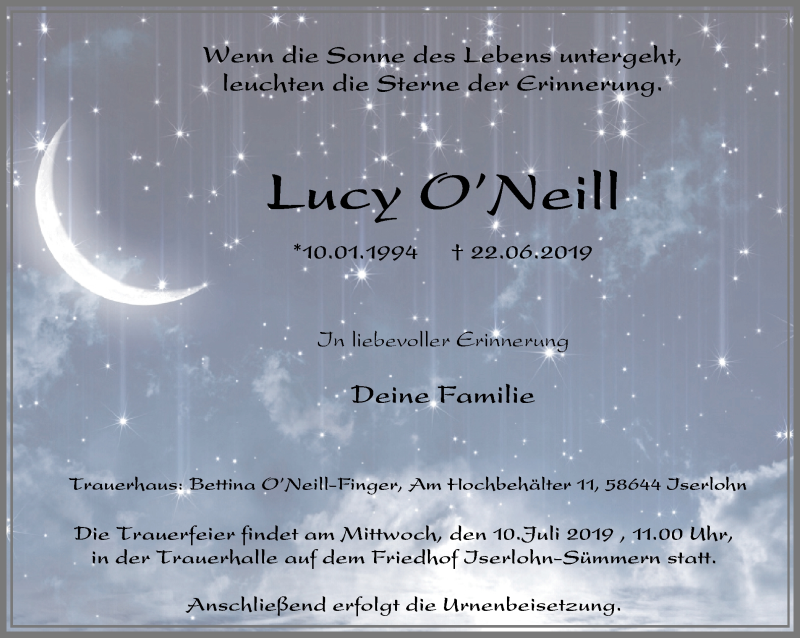  Traueranzeige für Lucy O’Neill vom 06.07.2019 aus Stadtspiegel Menden + Froendenberg