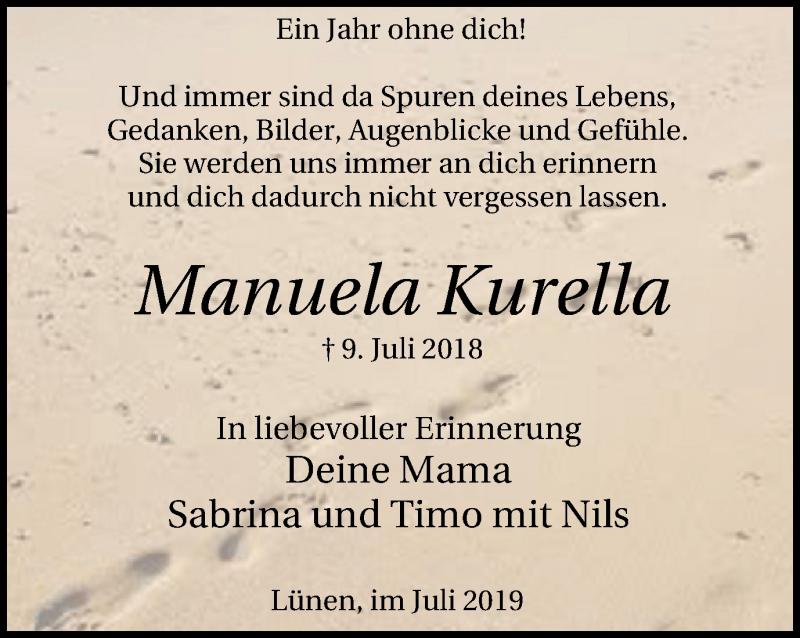  Traueranzeige für Manuela Kurella vom 10.07.2019 aus Lüner Anzeiger