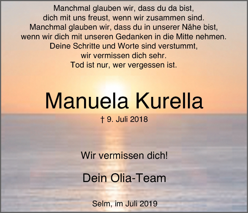  Traueranzeige für Manuela Kurella vom 10.07.2019 aus Lüner Anzeiger